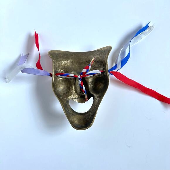 Solid Brass Theatre Mask Comedy Tragedy Face with French Ribbons 5" - Picture 2 of 6